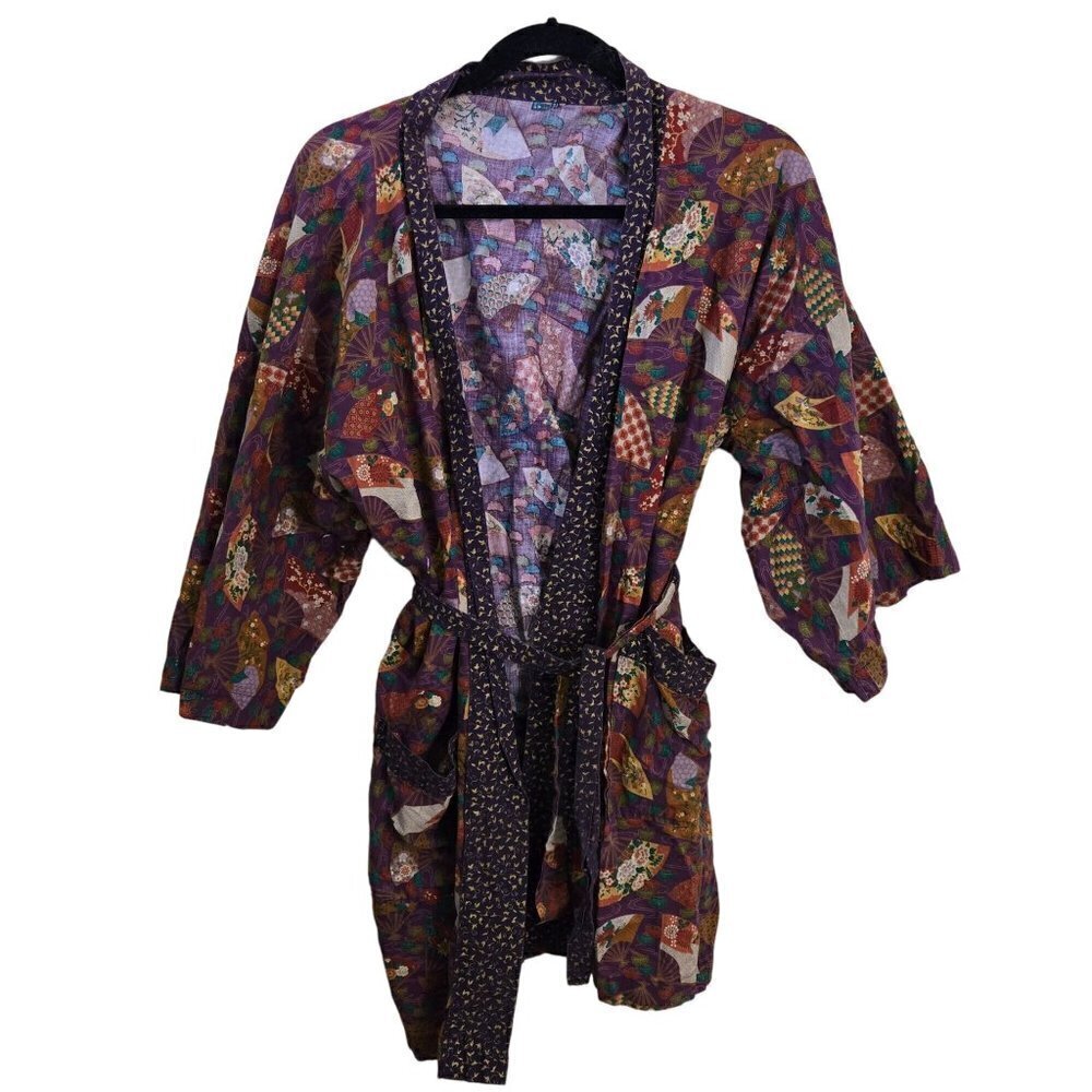 Vintage Multi Colored Fan Print Kimono Size M
